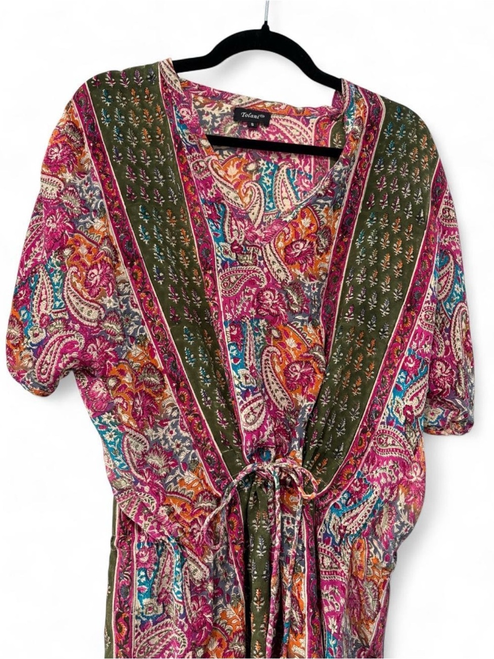 Tolani Pink Paisley Tie-Waist Mini Dress with Olive Panels